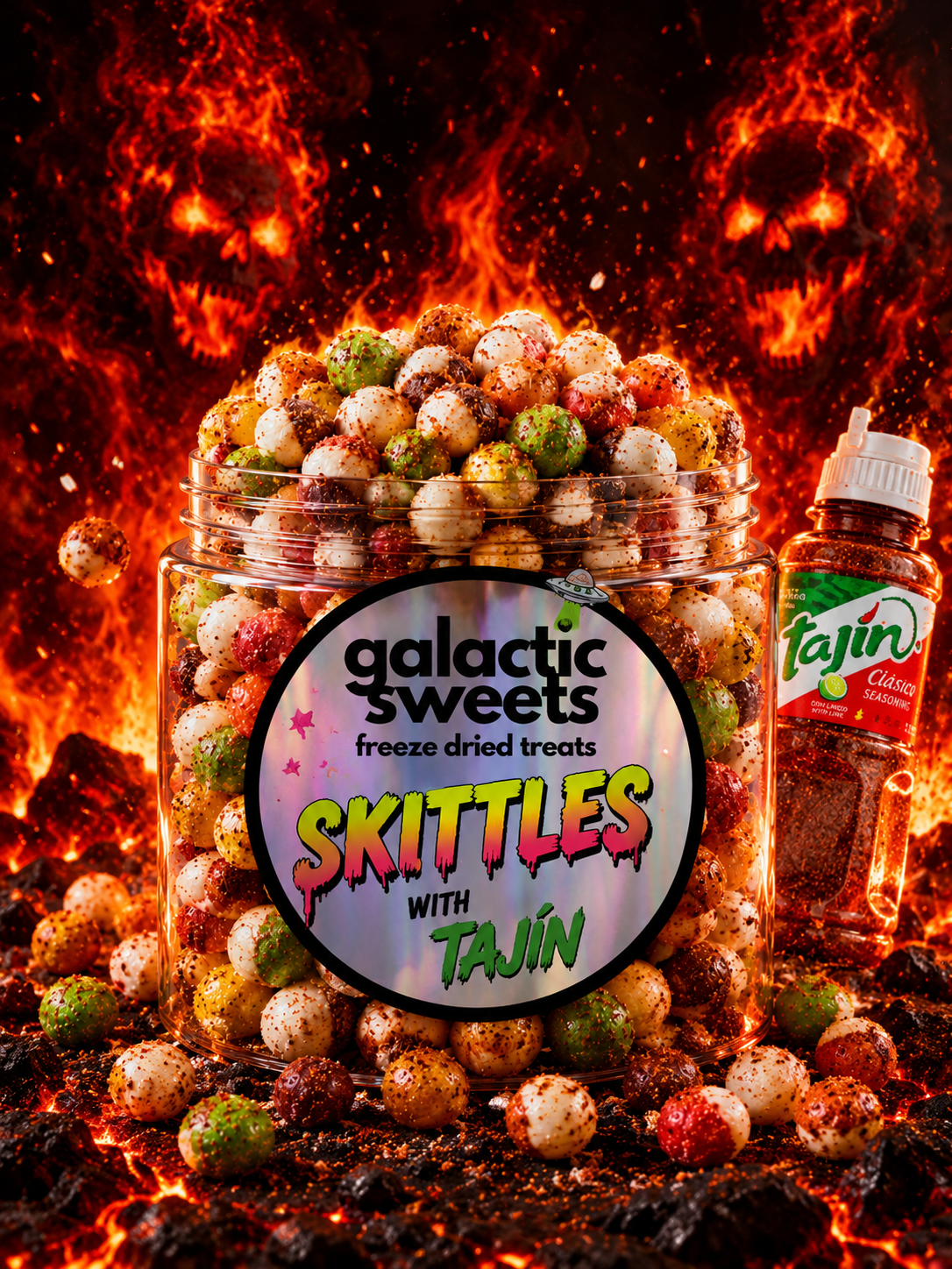 Mercury Heat freeze dried Skittles with Tajin seasoning in a fiery product scene