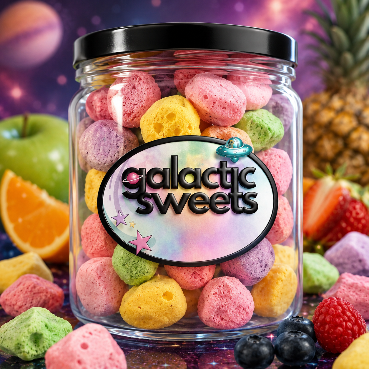 Stellar Puffs freeze dried taffy in a Galactic Sweets glass jar with fruit and space theme